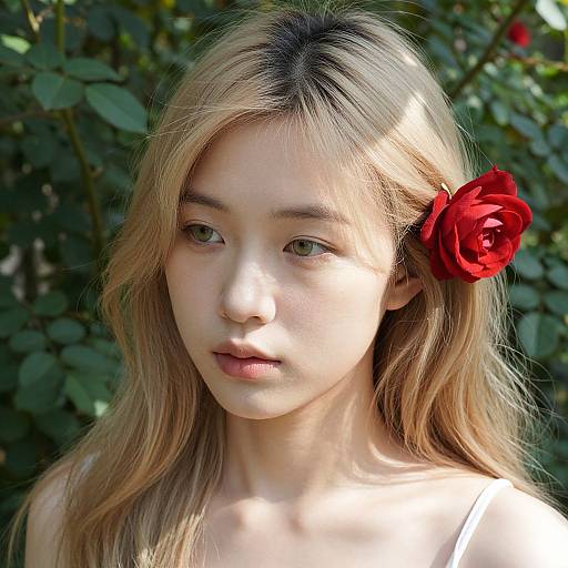 Photograph of a young Asian woman with long blonde hair, a red rose in her hair, green-eyed, wearing a white top, against a blurred