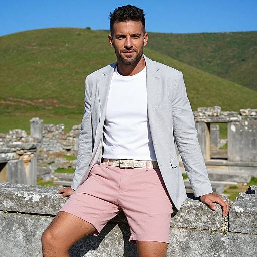 Photograph of a handsome man with short dark hair and beard, wearing a white blazer, white shirt, and pink shorts, leaning on a stone