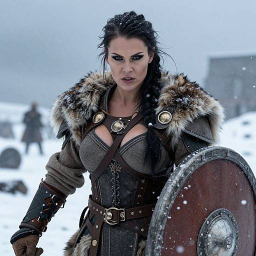 Photograph of a fierce, dark-haired woman in fur-trimmed Viking armor, holding a wooden shield, standing in a snowy battlefield.