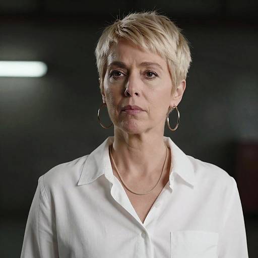 Photograph of a middle-aged woman with short blonde hair, wearing a white button-up shirt, large hoop earrings, and a thin necklace, against a