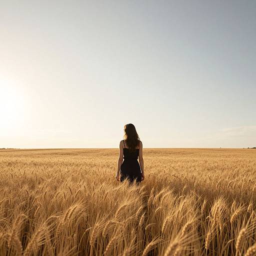 Photograph of a lone woman with long hair standing in a golden wheat field under a bright, clear sky at sunset.