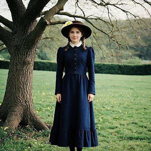 Woman in Vintage Dress with Hat Standing Outdoors