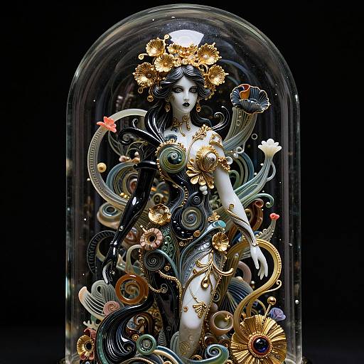Photograph of a detailed, ornate, black porcelain goddess figure with gold and colorful floral and shell adornments, inside a clear dome against a black