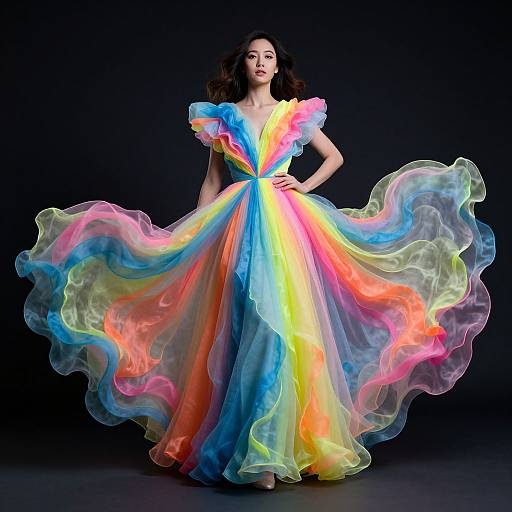 Photograph of a woman in a vibrant, rainbow-colored, sheer, flowing gown with multi-colored ruffles, standing against a black background.