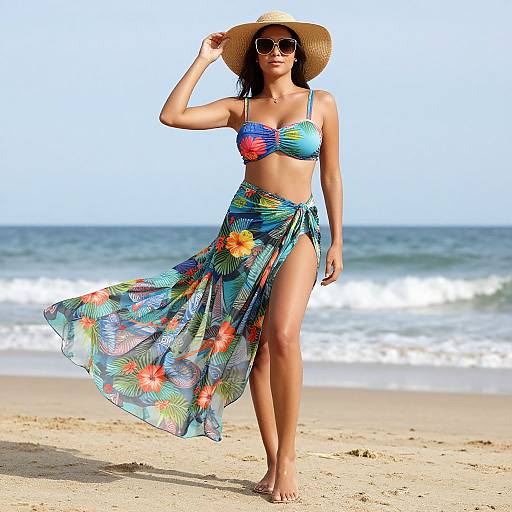 Photograph of a woman in a colorful floral bikini and wrap skirt, wearing a straw hat and sunglasses, walking on a sunny beach with the ocean in