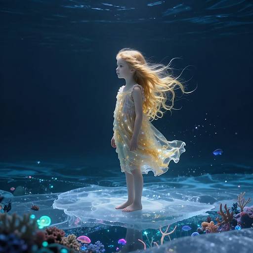 Photograph-like CGI of a blonde girl in a yellow, translucent dress standing on a glowing underwater jellyfish, surrounded by colorful coral and biolumines