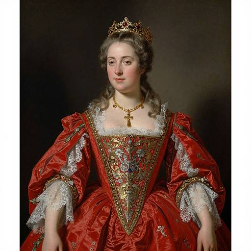 Regal Woman in Ornate Red Gown and Crown