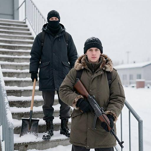 Two Armed Men in Winter Clothing with Rifle and Shovel