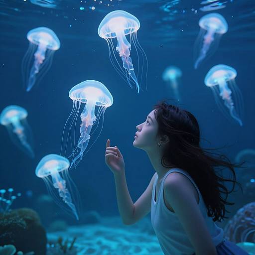 Photograph of a woman with long dark hair in a white tank top, underwater, surrounded by glowing jellyfish in a deep blue ocean. Her hand