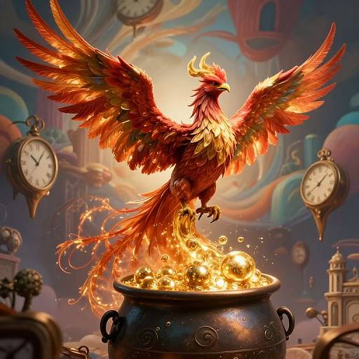 A vibrant, digital illustration of a fiery red phoenix emerging from a bubbling cauldron, surrounded by ornate clocks in a fantastical, clock