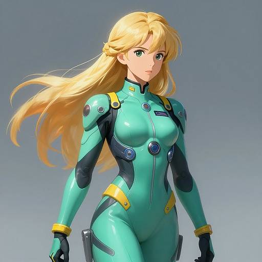 Digital artwork of a blonde, blue-eyed woman in a form-fitting, teal and black futuristic bodysuit with yellow accents, standing against a gradient