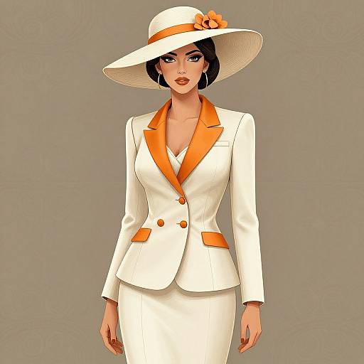 Digital illustration of a stylish woman in a white suit with orange accents, large white hat with orange bow, and neutral gray background.