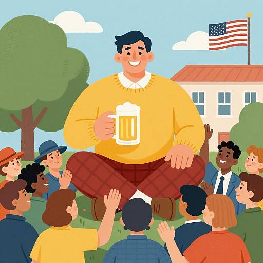 Joyful Man in Sweater Among Cheerful Crowd