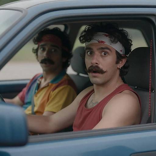 Surprised Duo in a Blue Car