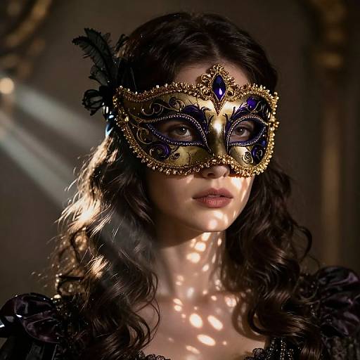 Photograph of a woman with long, wavy black hair, wearing an ornate, gold and purple masquerade mask with blue gem, illuminated
