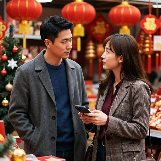 Festive Store Encounter Between Two People