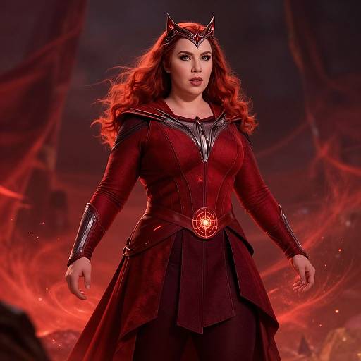 Photograph of a red-haired woman with fair skin, wearing a dark red, long-sleeved dress with black armor accents, and a red gem