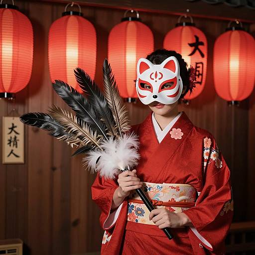 Woman in Red Kimono with Fox Mask and Feathered Accessory