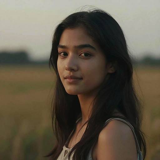 Photograph of a young Asian woman with long black hair, brown eyes, and light brown skin, wearing a sleeveless top, standing in a golden