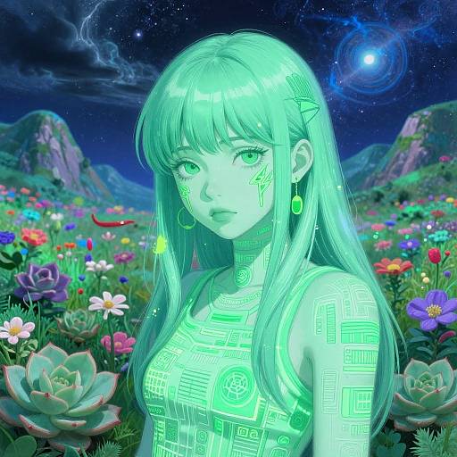 Digital artwork of a glowing green-haired woman with neon patterns, surrounded by vibrant flowers under a starry night sky with mountains.