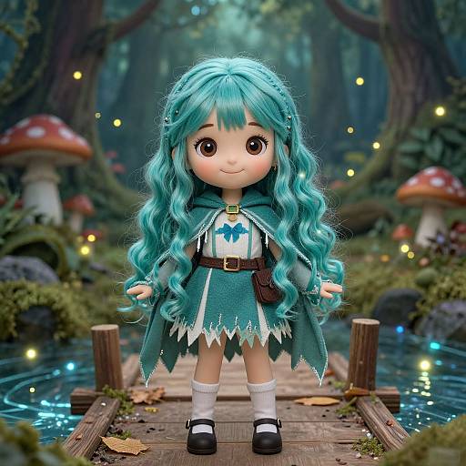 Digital CGI of a cute anime-style girl with turquoise hair, wearing a green tattered cloak, standing on a wooden bridge in a magical forest with glowing