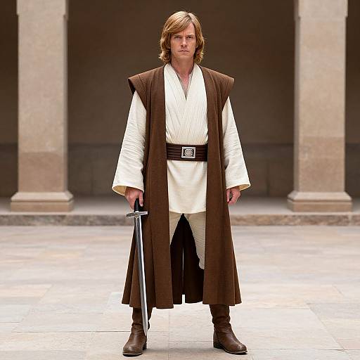 Photograph of a serious-looking man with blonde hair, wearing a white robe, brown vest, belt, and boots, holding a lightsaber, standing