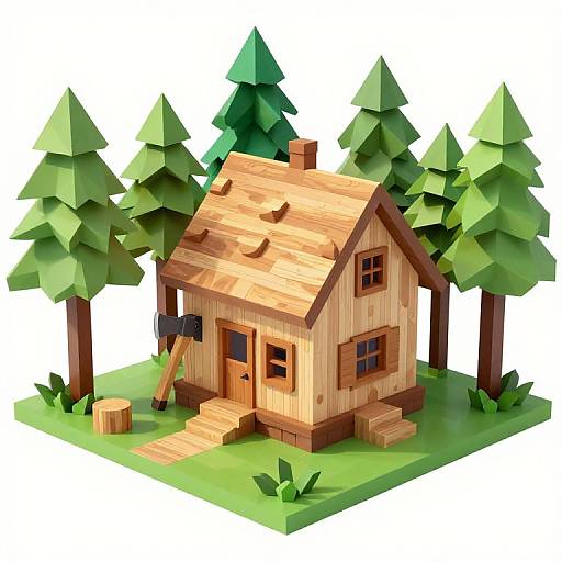 Colorful, geometric-style 3D digital illustration of a wooden cabin with a thatched roof, axe, and stairs, surrounded by green pine trees