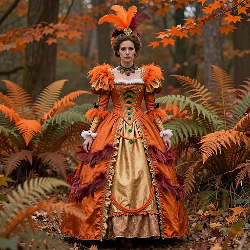 Woman in Ornate Victorian Dress in Autumn Forest
