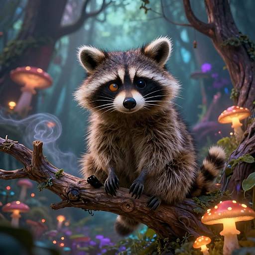 Digital artwork of a cute, fluffy raccoon with bright eyes sitting on a tree branch in a magical forest with glowing mushrooms and mist.