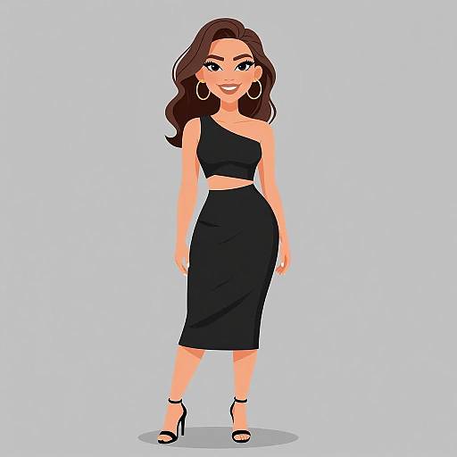 Digital illustration of a smiling woman with long brown hair, wearing a black one-shoulder crop top and matching skirt, black high heels, and large