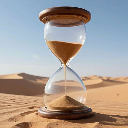 Photograph of a wooden-topped hourglass with sand flowing, set on golden desert sand dunes under a clear blue sky.