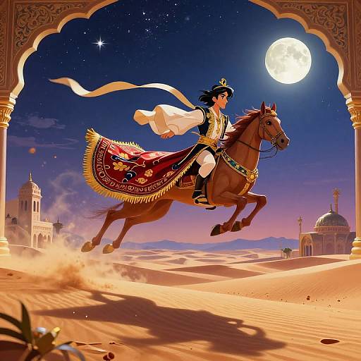 Digital illustration of a dark-haired warrior in ornate clothes, riding a galloping horse under a full moon, framed by an intricately carved arch