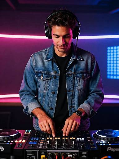 Neon-Lit DJ Mixing in Denim