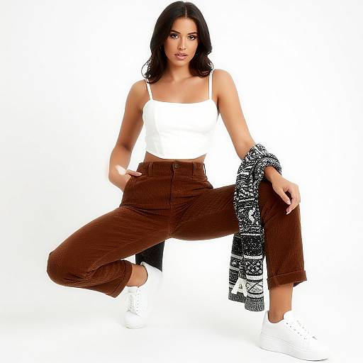 Photograph of a confident, dark-haired woman in a white tank top, brown corduroy pants, and white sneakers, kneeling with a black-and