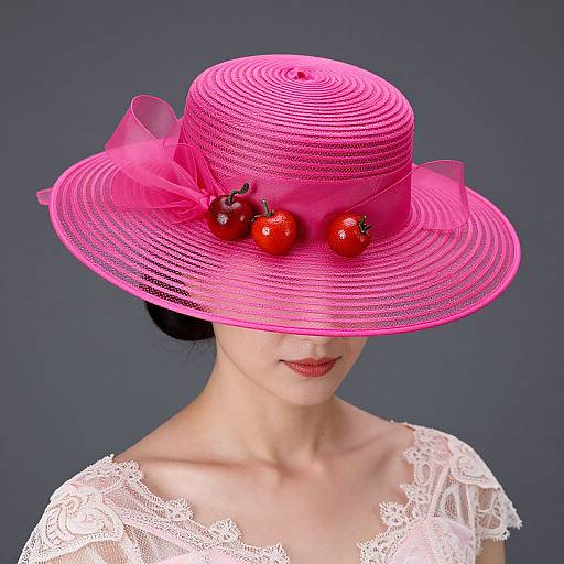 Photograph of an Asian woman with fair skin, wearing a bright pink, textured sunhat adorned with red cherries and a ribbon, and a white