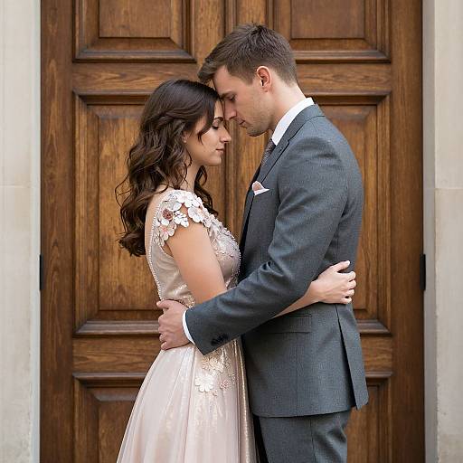 Romantic Couple Embracing by Wooden Door