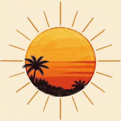 Digital illustration of a vibrant orange sunset with radiating sun rays, featuring silhouetted palm trees and horizon lines against a white background.