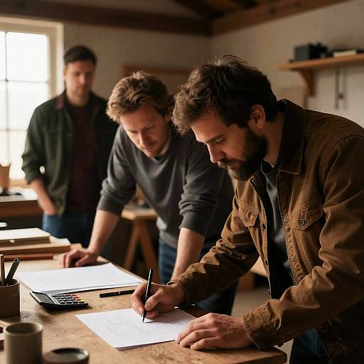 Men Collaborating in Rustic Workshop Scene