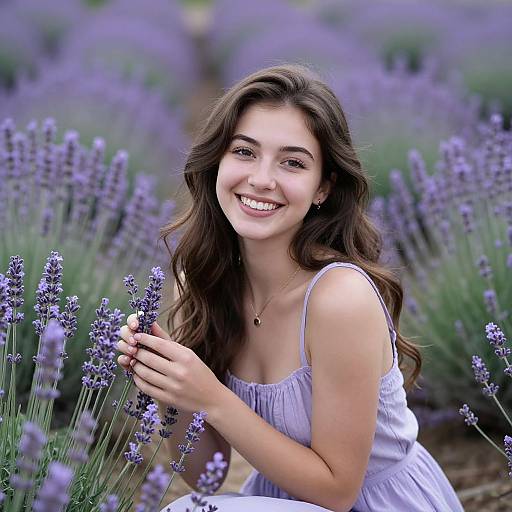 Photograph of a smiling young woman with wavy brown hair, wearing a white sundress, kneeling among blooming lavender flowers.