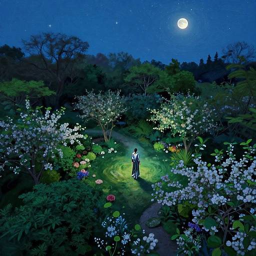 Digital painting of a moonlit garden at night, featuring a lone figure in a dark suit standing amidst blooming white flowers, surrounded by lush greenery