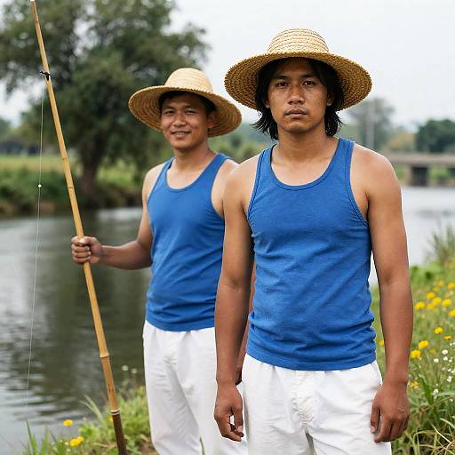Two Friends Fishing by a Serene River