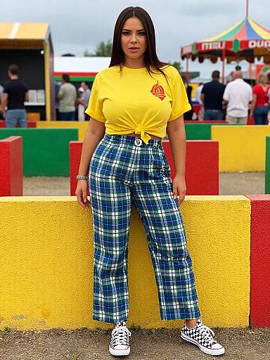 Photograph of a young woman with long black hair, wearing a yellow shirt, blue plaid pants, and white sneakers, standing against colorful yellow,