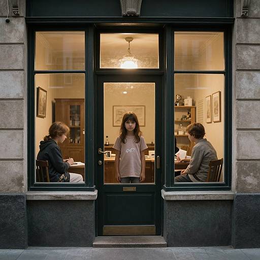 Photograph: Warm-lit café window showing a young girl in a pink shirt standing in the center, flanked by two seated men on either side