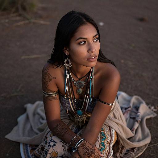 Photograph of a young South Asian woman with dark hair, adorned in intricate jewelry and henna, sitting on a patterned cloth outdoors at dusk,