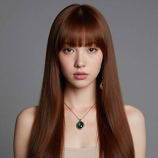 Photograph of a young woman with long, straight, auburn hair, bangs, fair skin, wearing a beige top and a green gem