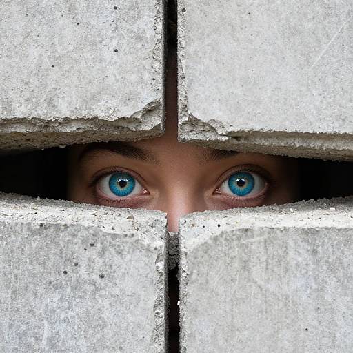 Photograph of intense blue eyes peering through a cracked, white concrete wall, creating a sense of hidden observation.
