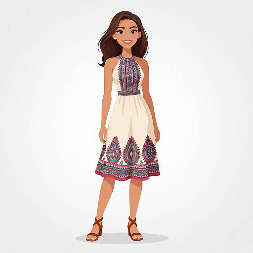 Digital illustration of a smiling woman with long brown hair, wearing a sleeveless white dress with colorful geometric patterns, brown sandals, and a purple necklace,