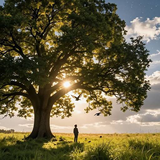Silhouetted person stands under large tree at sunset, sunlight filtering through leaves, golden sky, grassy field, clouds, and scattered shadows.