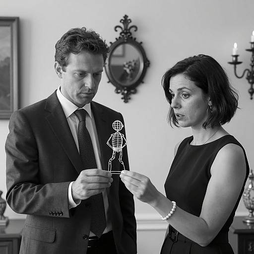 Serious Duo Contemplating Wire Sculpture