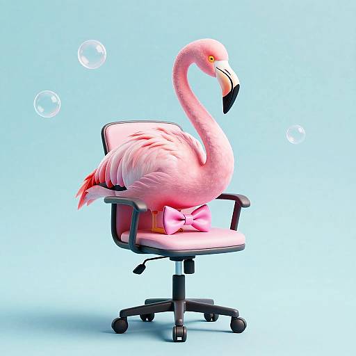 Photorealistic CGI of a pink flamingo with yellow eyes, sitting on a pink office chair with a pink bow, against a light blue background with